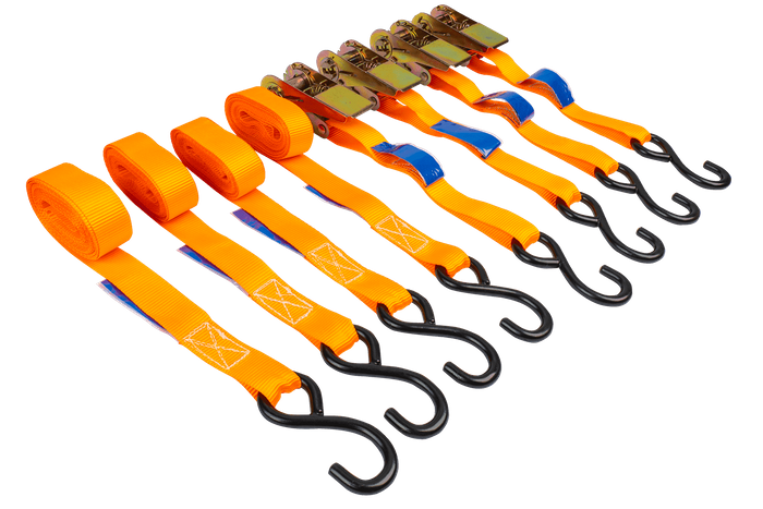 Set med fyra UNITRAILER 4m/25mm/0.68t orange transportband med spännare i en resväska