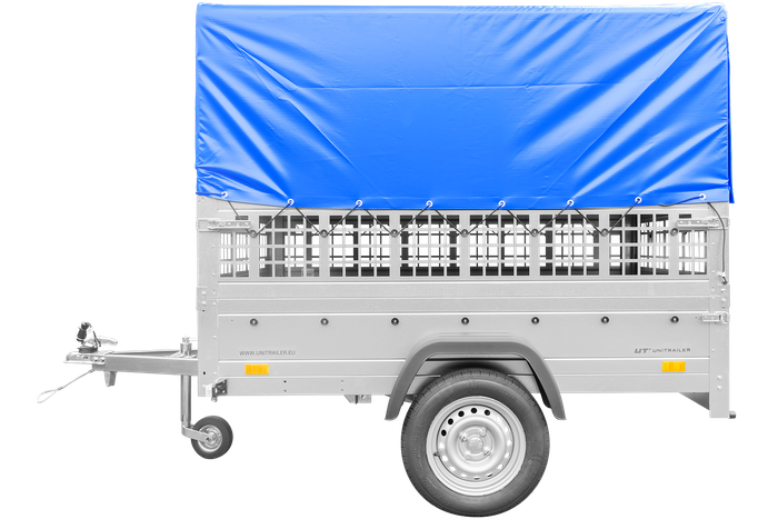 Lätt bilsläp upp till 750 kg Garden Trailer 201 KIPP med stödhjul, nätsidor och H-800 ram med blå presenning
